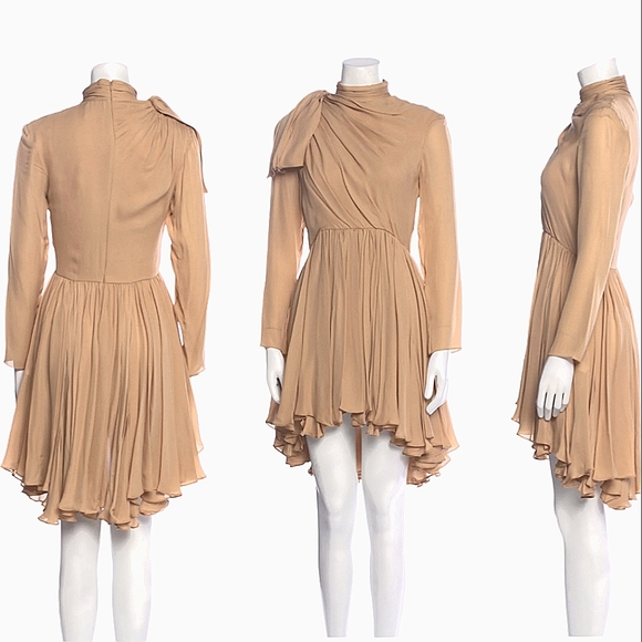 Khaite Nude Constance Gathered Silk Pleated Bow Neck Dress